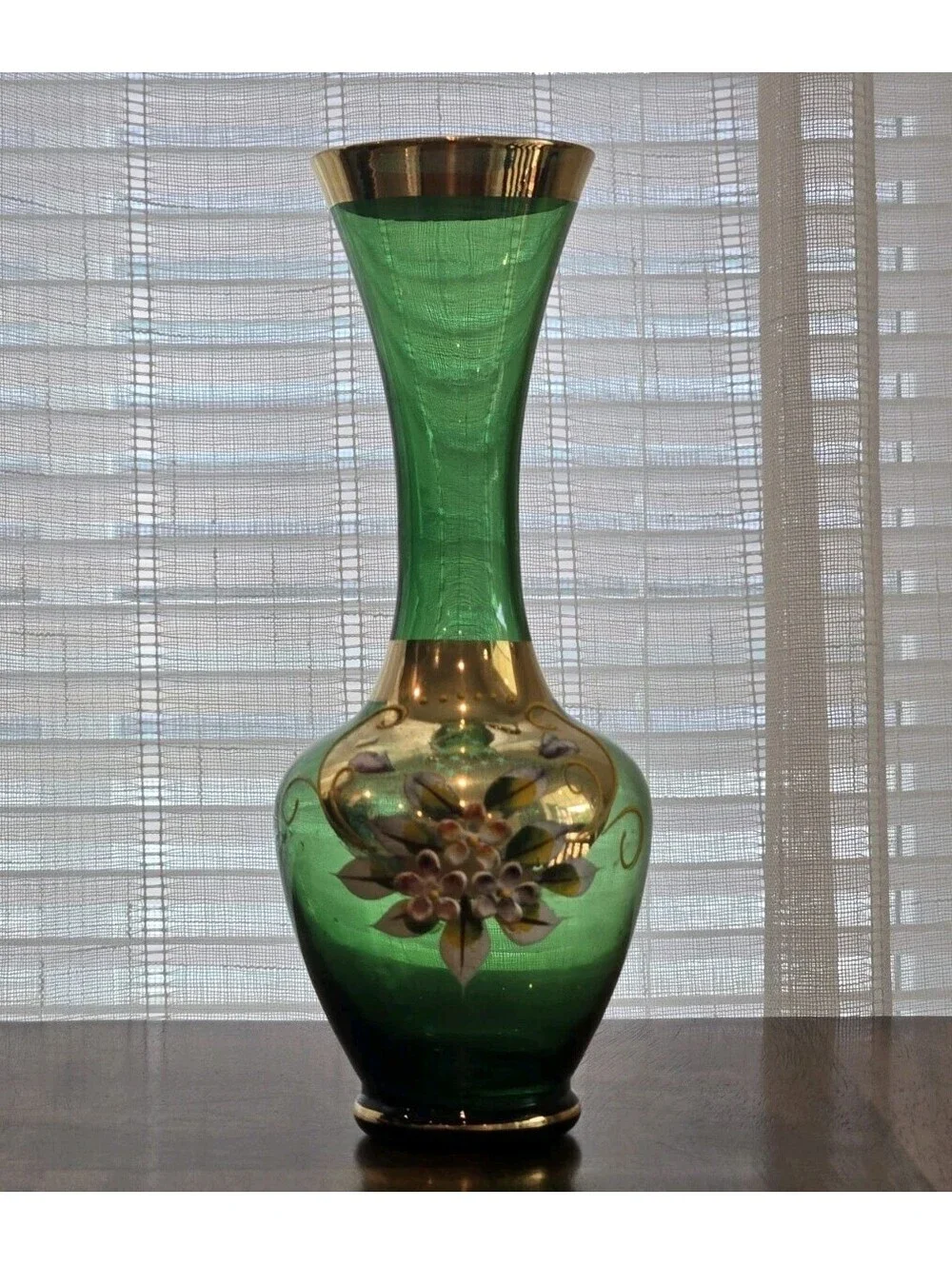 VTG MCM Venetian Glass Vase Green Gold Gilt Hand Painted Flowers Bud Vase